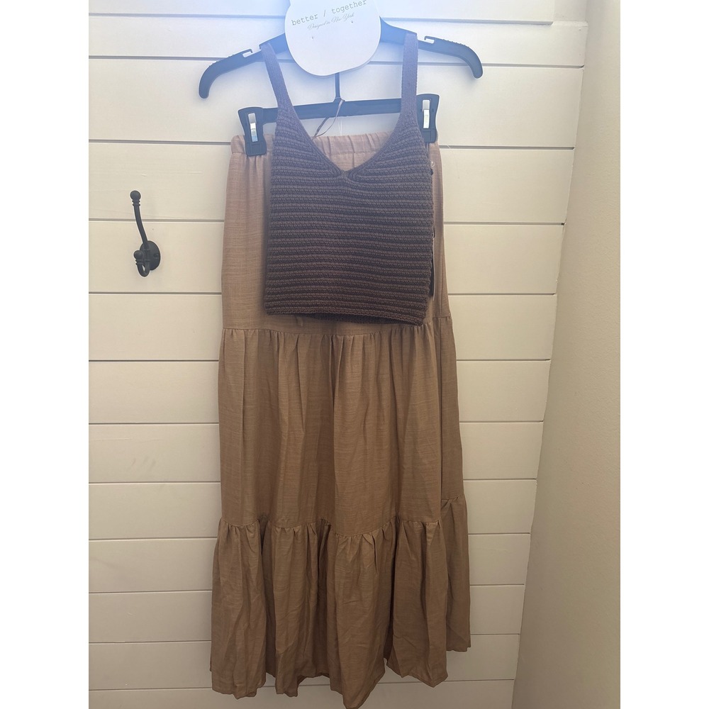 Better Together Crochet Halter Top and Tiered Maxi Skirt Set Brown Tan XS